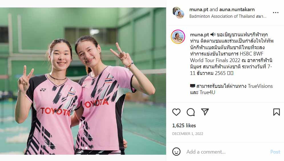 Ganda putri Thailand, Benyapa Aimsaard/Nuntakarn Aimsaard akan tampil di SEA Games 2023. Mereka baru saja mengalahkan Apriyani Rahayu/Siti Fadia Silva Ramadhanti di BAC 2023. (Foto: instagram@muna.pt) - INDOSPORT