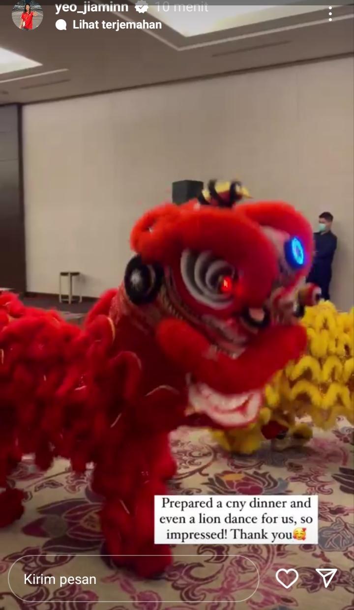 Tunggal putri Singapura, Yeo Jia Min, terkesan dengan dinner bernuansa imlek oleh panitia Indonesia Masters 2023. Copyright: instagram story @yeo_jiaminn