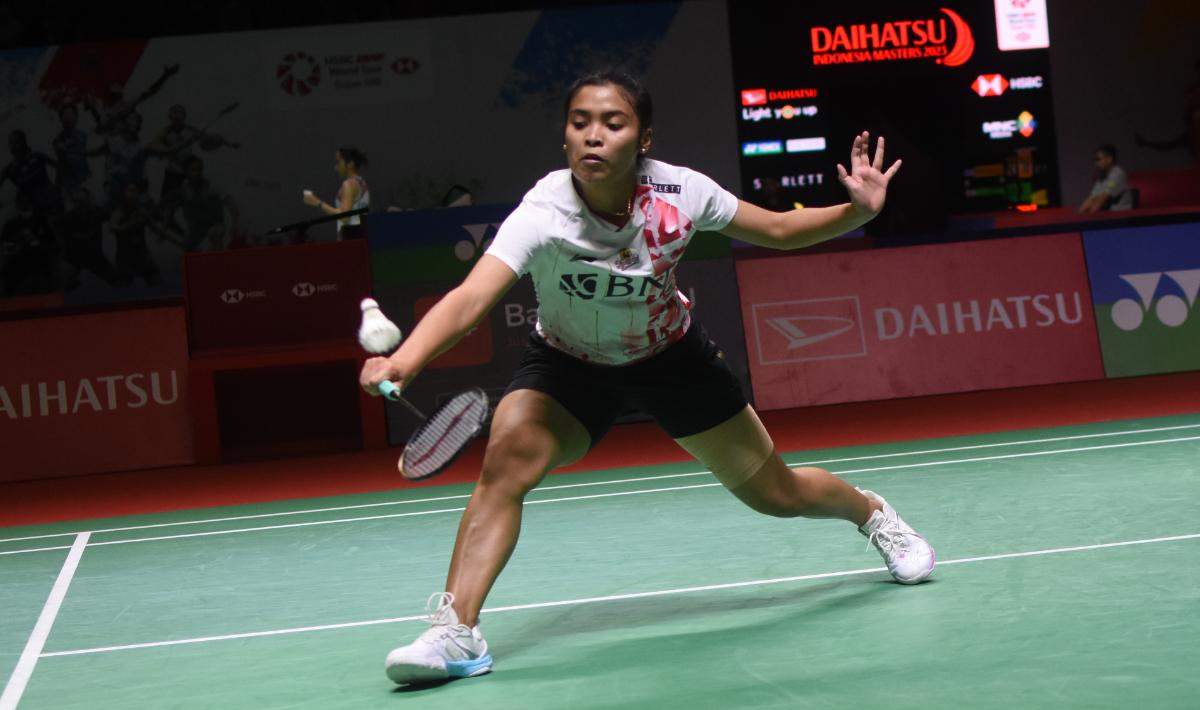 Hasil Indonesia Masters 2023 babak 6 besar antara Gregoria Mariska Tunjung vs He Bingjiao, dimenangkan oleh tunggal putri Merah Putih. (Foto: Herry Ibrahim/INDOSPORT) - INDOSPORT