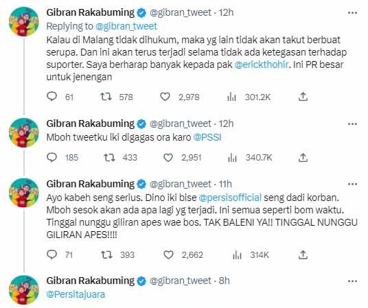 Gibran Rakabuming kirim pesan terbuka untuk Kaporli terkait pelemparan batu pada bis Persis Solo. (Foto: twitter@gibran_tweet) Copyright: twitter@gibran_tweet