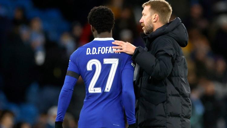 David Datro Fofana (kiri) bersama pelatih Chelsea, Graham Potter. (Foto: Reuters/Jason Cairnduff)