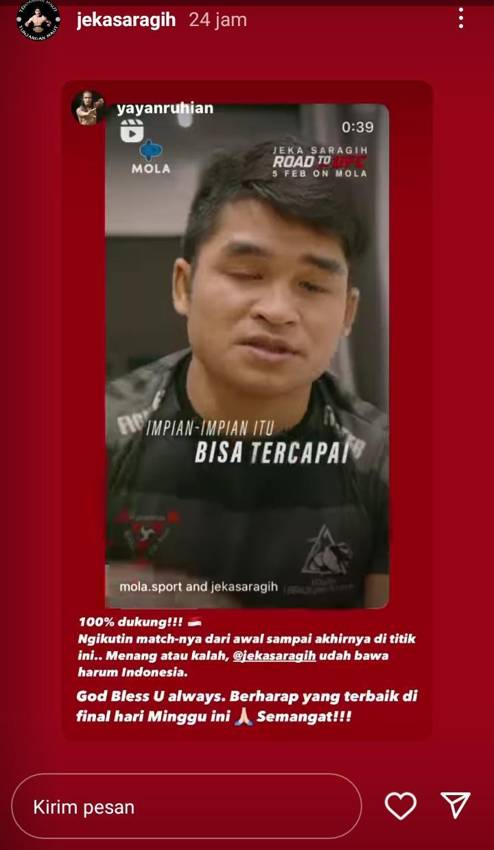 Dukungan Yayan Ruhian, Bintang Film Star Wars untuk Jeka Saragih jelang final Road to UFC. Copyright: instagram story @jekasaragih