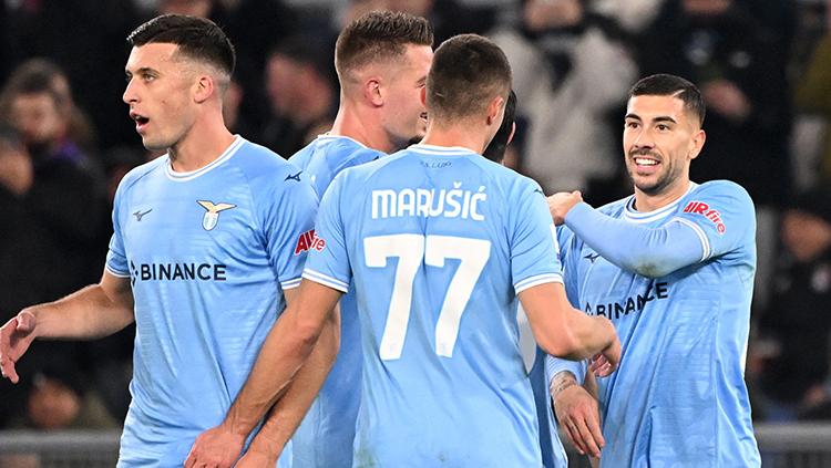 Selebrasi para pemain Lazio saat cetak gol ke gawang AC Milan di Liga Italia.