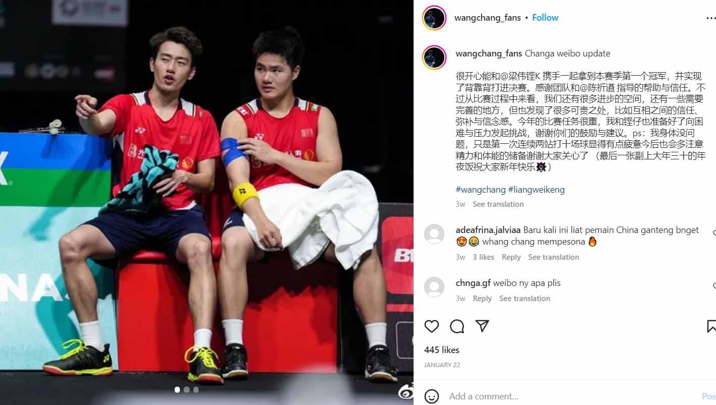 Pasangan ganda putra asal China Liang Wei Keng/Wang Chang. (Foto: Instagram@wangchang_fans) Copyright: Instagram@wangchang_fans