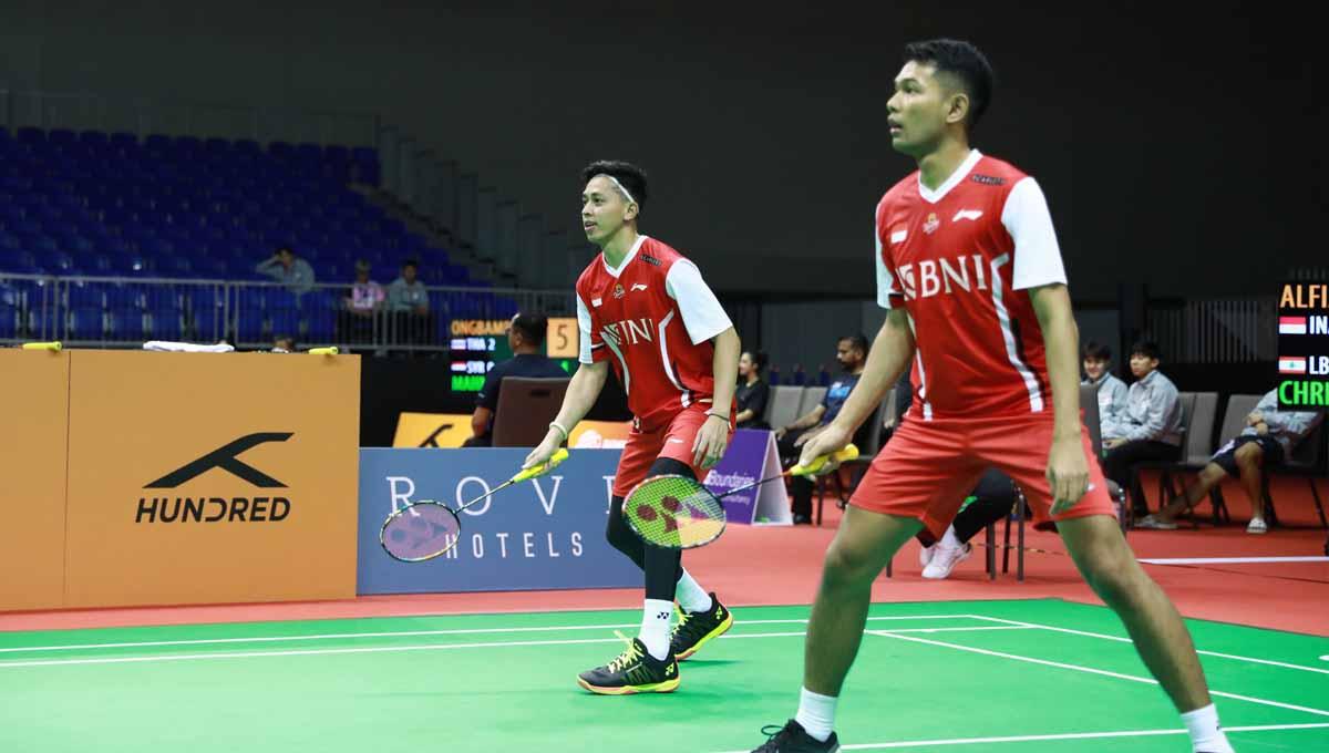 Pasangan ganda putra Indonesia Fajar Alfian/Muhammad Rian Ardianto di Badminton Asia Mixed Team Championships 2023. (Foto: PBSI)
