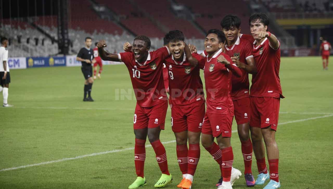 Selebrasi gol Timnas Indonesia U-20 yang dicetak Hokky Caraka. Hokky merupakan alumni program Garuda Select di Inggris. - INDOSPORT
