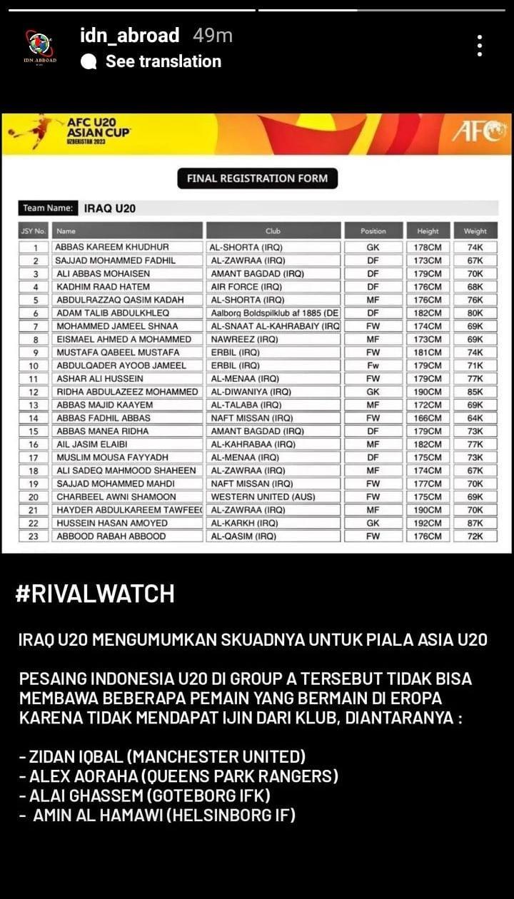 Timnas Iraq U-20 resmi merilis daftar skuad untuk Piala Asia U-20 2023, dengan bintang muda Manchester United, Zidane Iqbal resmi absen Copyright: Instagram/Idn Abroad