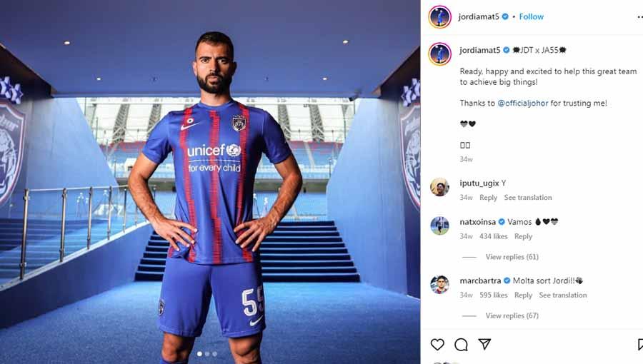 Jordi Amat saat pakai jersey JDT. (Foto: Instagram@jordiamat5)