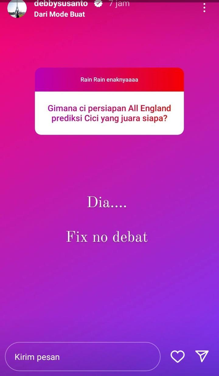 Debby Susanto ditanya prediksi juara All England 2023 Copyright: instagram story @debbysusanto