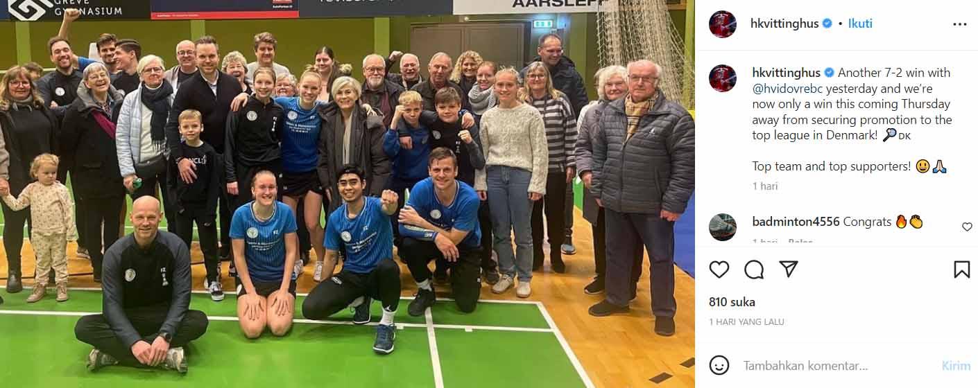 Pebultuangkis HK Vittinghus duet dengan pebulutangkis Denmark, Andi Fadel Muhammad. (Foto: Instagram@hkvittinghus) Copyright: Instagram@hkvittinghus