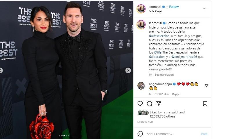 Antonela Roccuzzo dan Lionel Messi di acara The Best FIFA Football Awards 2022. Copyright: instagram @lionelmessi