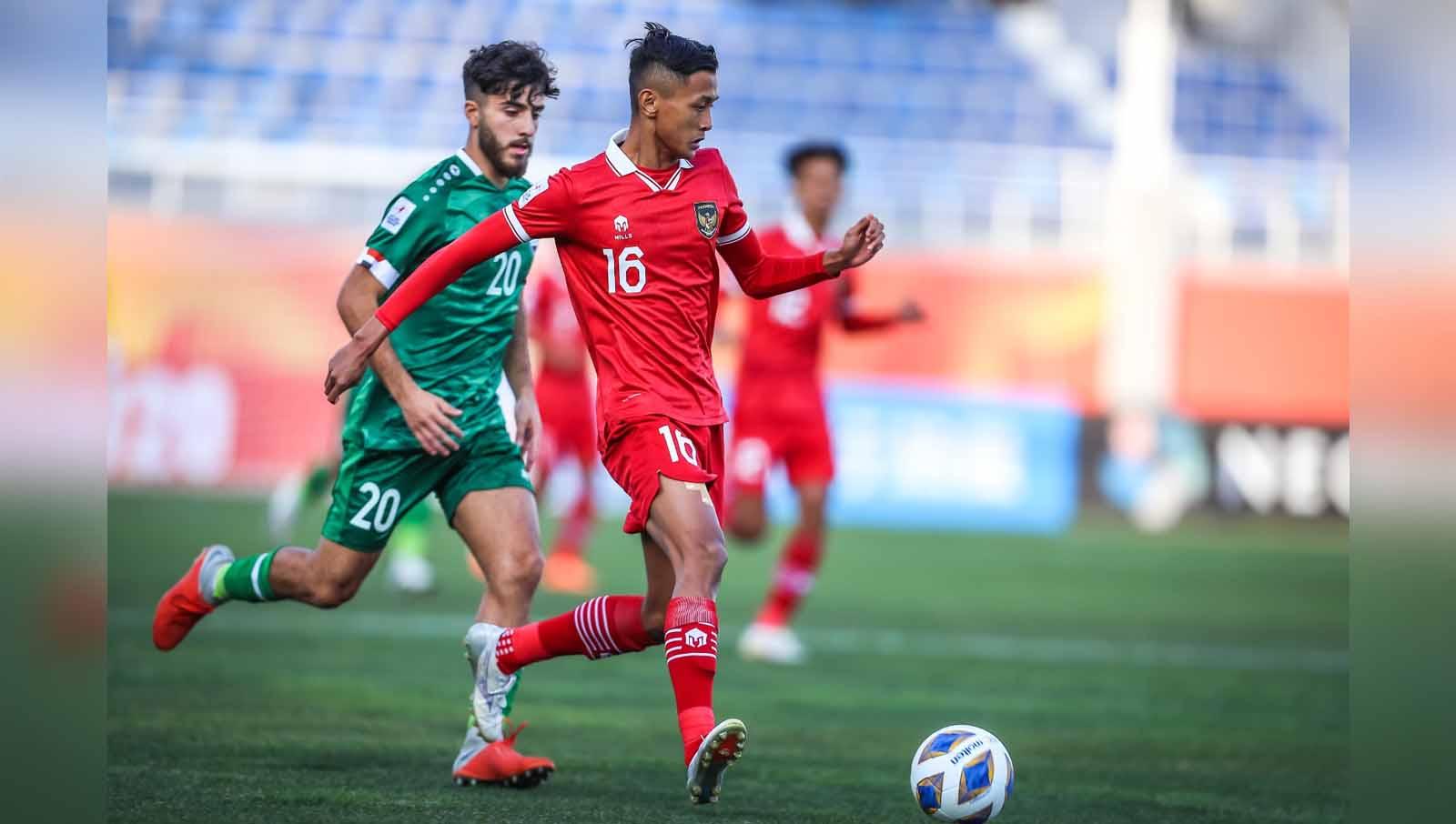 Pertandingan antara Timnas Indonesia U-20 vs Iraq U-20 pada laga AFC U20 Asian Cup di Stadion Lokomotiv (Toshkent), Rabu (01/03/23). (Foto: PSSI)