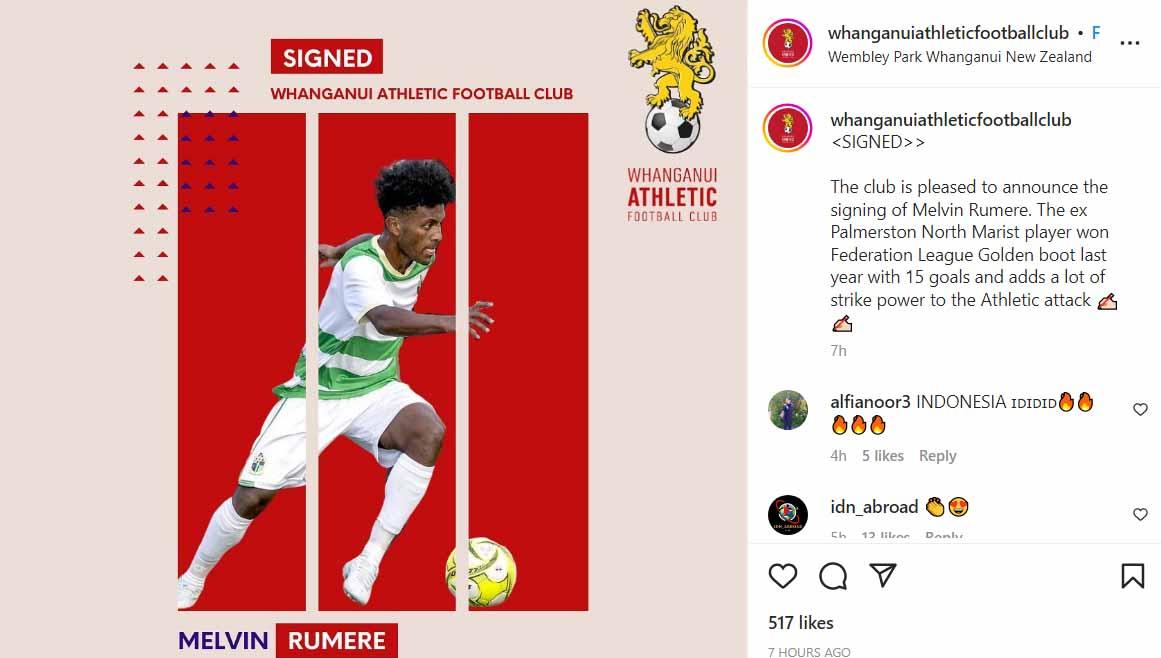Melvin Rumere pemain papua yang dikontrak klub Selandia Baru. (Foto: Instagram@whanganuiathleticfootballclub)