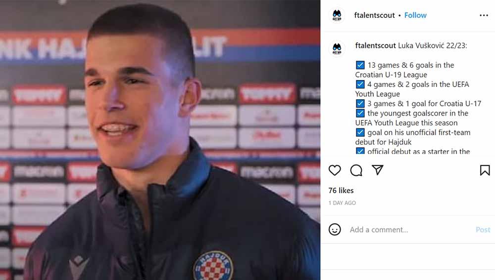 Luka Vuskovic, pemain muda Hajduk Split yang kabarnya diminati AC Milan. Foto: Instagram@ftalentscout.
