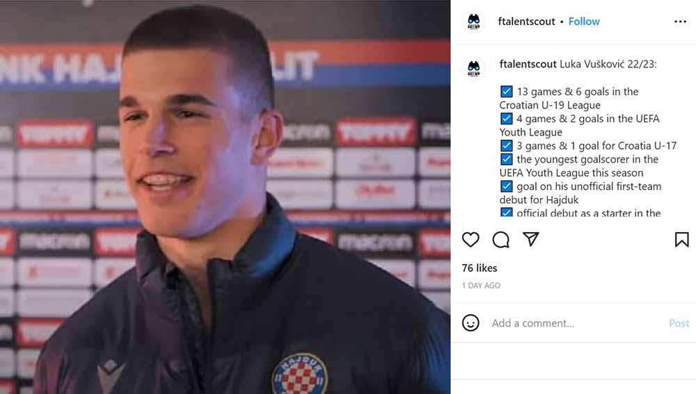 Luka Vuskovic, pemain muda Hajduk Split yang kabarnya diminati AC Milan. Foto: Instagram@ftalentscout. - INDOSPORT