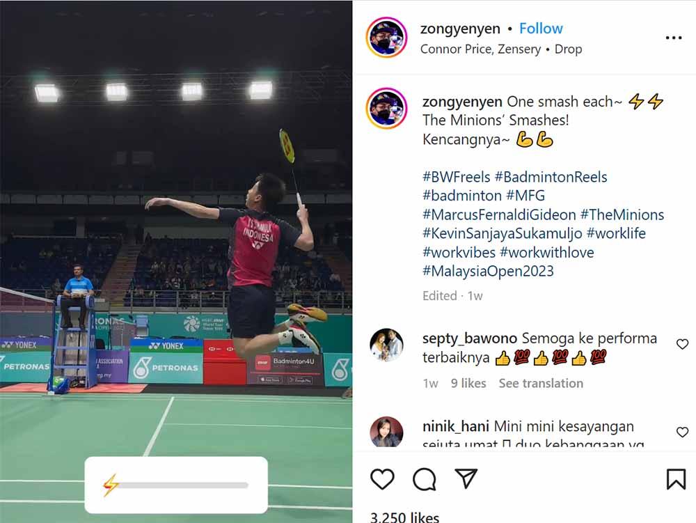 Admin BWF tercengang dengan tangan petir Kevin Sanjaya jelang All England 2023. (Foto: Instagram@zongyenyen) Copyright: Instagram@zongyenyen