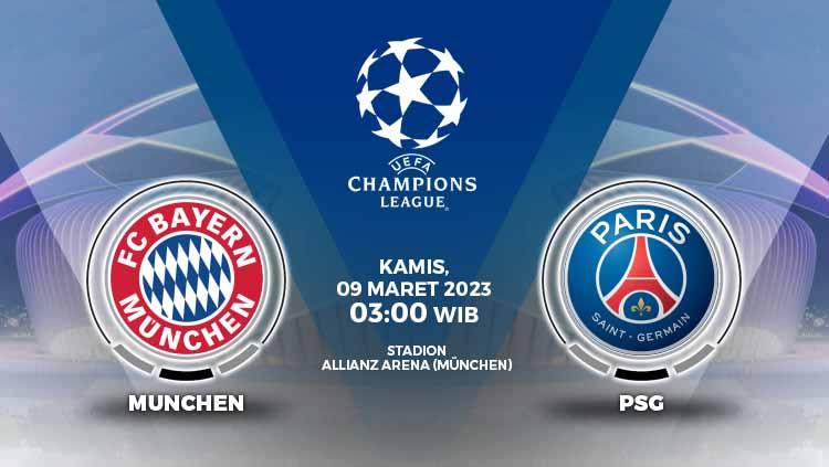 Prediksi pertandingan antara Bayern Munchen vs Paris Saint-Germain (Liga Champions).