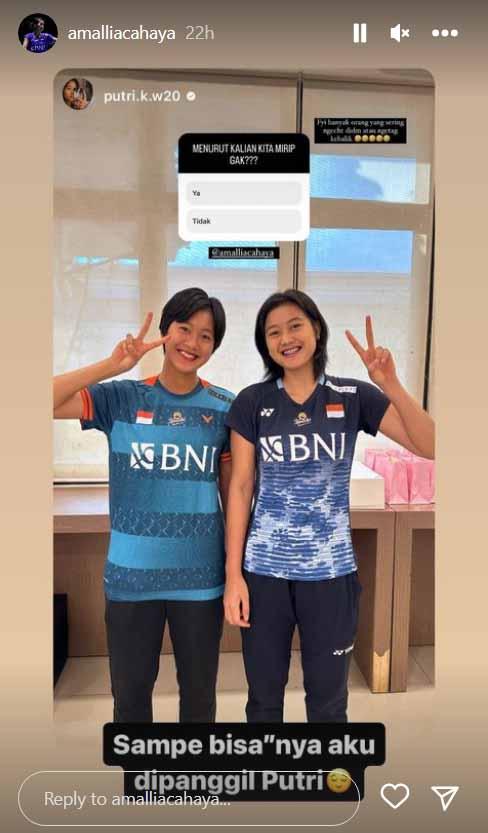 Pebulutangkis Putri KW dan Amalia Cahaya Pratiwi. (Foto: Instastory@amalliacahaya) Copyright: Instastory@amalliacahaya