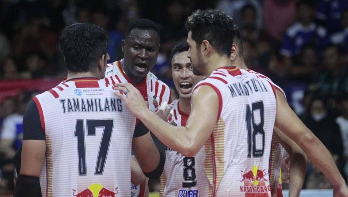 Para pemain Jakarta LavAni Allo Bank saat merayakan kemenangan atas Jakarta Bhayangkara Presisi. (Foto: Proliga)