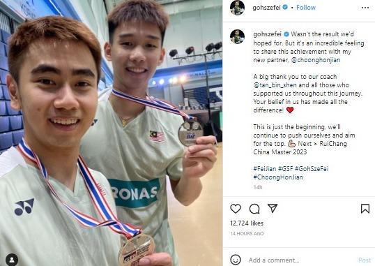 Curhatan Goh Sze Fei usai jadi runner-up Thailand International Challenge 2023 bersama pasangan baru, Copyright: instagram @gohszefei