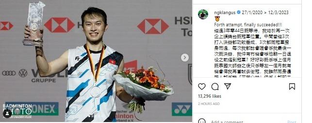 Curhat Ng Ka Long Angus usai juara lagi setelah lama menanti di German Open 2023. Copyright: instagram @ngklangus