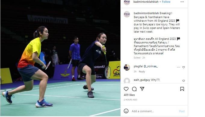 Jelang big match lawan Apriyani/Fadia, Benyapa Aimsaard/Nuntakarn Aimsaard mundur dari All England 2023. Copyright: instagram: @badmintonblahblah