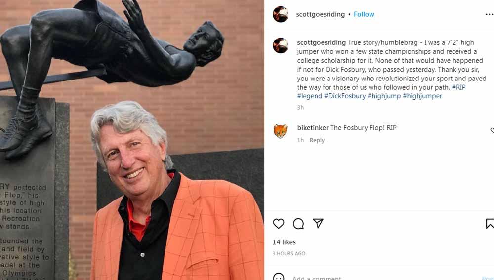 Dunia atletik berduka. Legenda lompat tinggi yang terkenal dengan gaya khasnya ‘Fosbury Flop’ yakni Dick Fosbury, meninggal dunia usai berjuang dengan kanker. - INDOSPORT