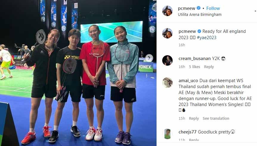 Pornpawee Chochuwong, Ratchanok Intanon, Lalinrat Chaiwan, dan Busanan Ongbamrungphan pose bersama jelang All England 2023. (Foto: Instagram@pcmeew) Copyright: Instagram@pcmeew