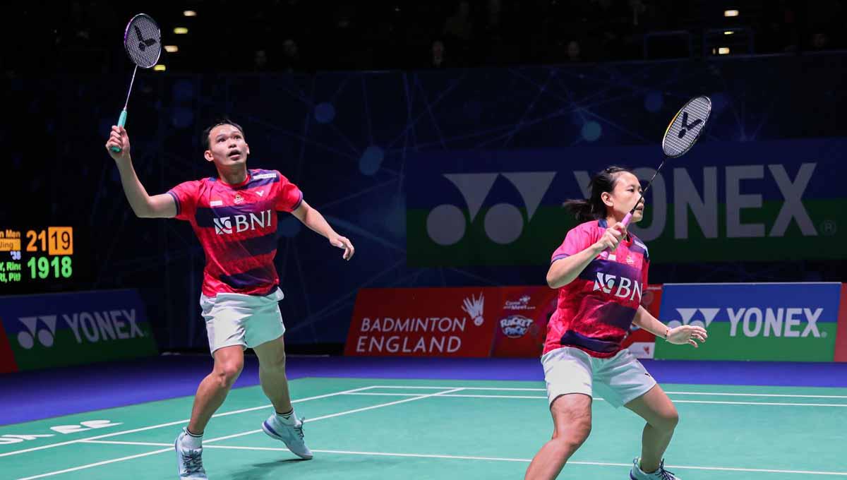 Pasangan ganda campuran Indonesia Rinov Rivaldy/Pitha Haningtyas Mentari di laga perdana All England pada Selasa (14/3/2023) waktu Inggris. (Foto: PBSI)