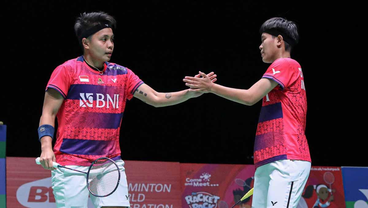 Pasangan ganda putri Indonesia Apriyani Rahayu/Siti Fadia Silva Ramadhanti di laga perdana All England. (Foto: PBSI)