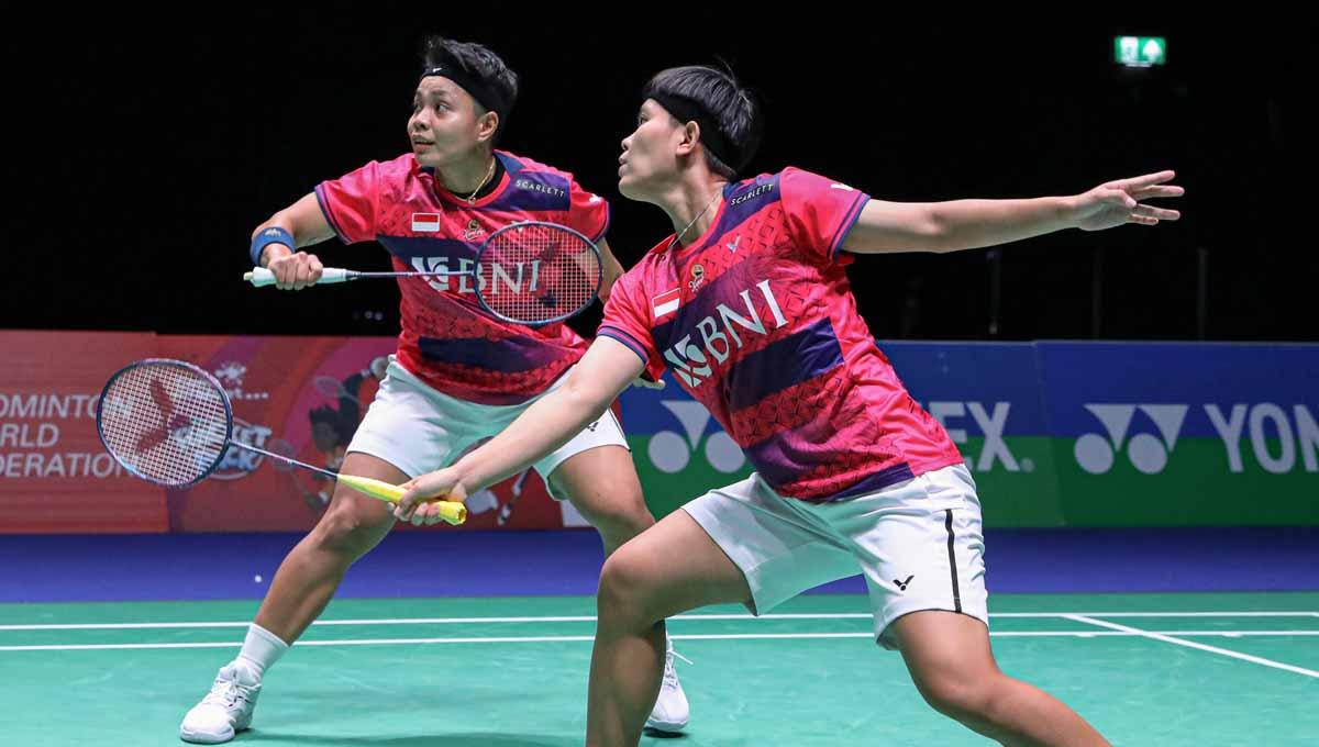 Hasil All England 2023 antara Apriyani Rahayu/Siti Fadia vs Supissara paewsampran/Puttita Supajirakul, dimenangkan oleh wakil Indonesia (Foto: PBSI)
