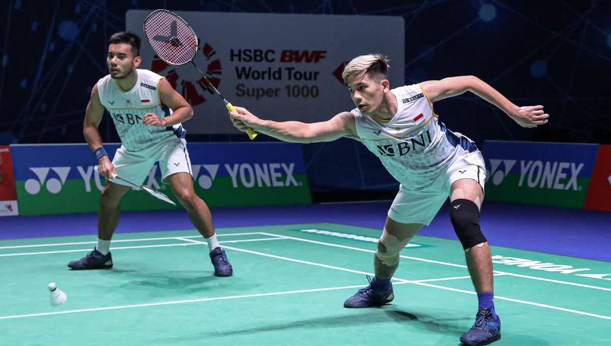 Pasangan ganda putra Indonesia Pramudya Kusumawardana/Yeremia Rambitan di All England 2023. Mereka memiliki peluang untuk menjadi juara bertahan Spain Masters 2023. (Foto: PBSI)