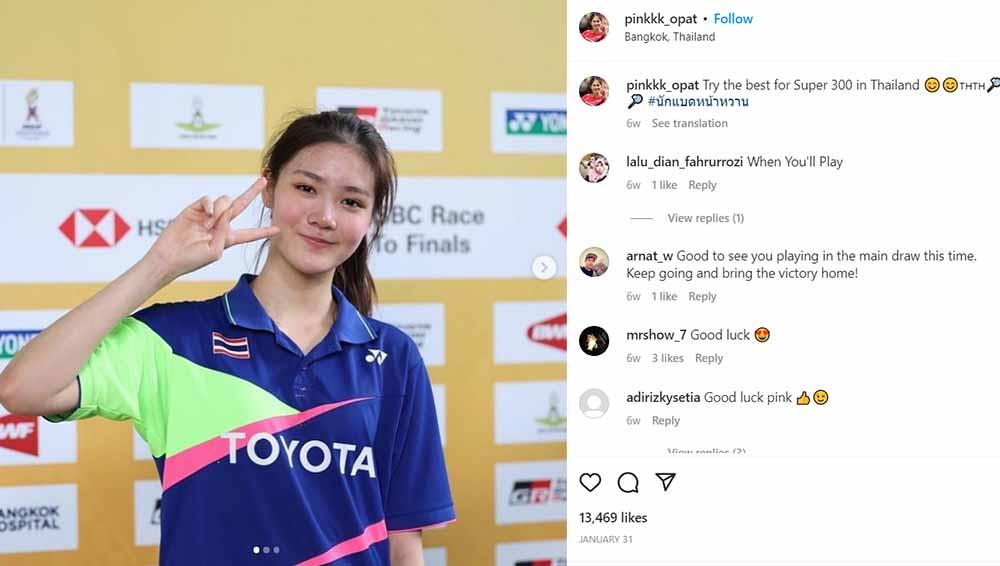 Tunggal putri Thailand, Pitchamon Opatniputh ungkap sosok pria yang sukses membawanya berhasil meraih gelar di Kejuaraan Dunia Junior 2023. (Foto: Instagram@pinkkk_opat)