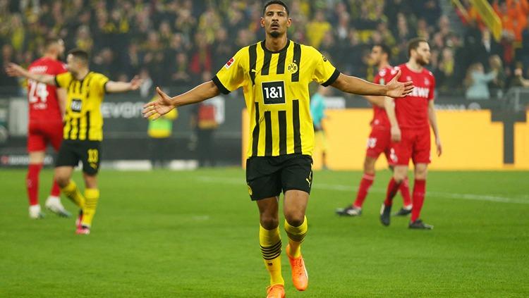 Selebrasi Sebastien Haller usai mencetak gol di laga Dortmund vs Koln (19/03/23). (Foto: REUTERS/Thilo Schmuelgen)