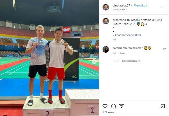 Tunggal putra asal Indonesia yang bela Kroasia sukses jadi runner-up XXI Torneo Intermacional de Badminton Giraldilla de La Habana 2023. Copyright: instagram @dinataaria_07