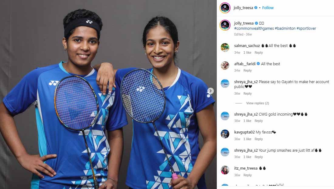 Calon rival Apriyani/Fadia di Swiss Open 2023, Treesa Jolly, melalui pasang surut kehidupan sebelum melejit bersama Gayatri Gopichand. (Foto: Instagram@jolly_treesa)