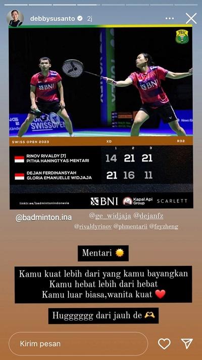 Debby Susanto soroti tangisan Pitha Haningtyas Mentari di Swiss Open 2023. (Foto: Instagram@debbysusanto) Copyright: instagram @debbysusanto