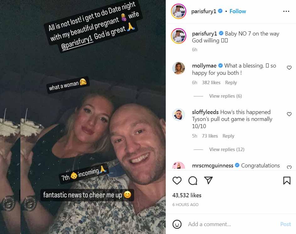 Tyson Furry umumkan kehamilan ketujuh sang istri. (Foto: Instagram@parisfury1) Copyright: Instagram@parisfury1