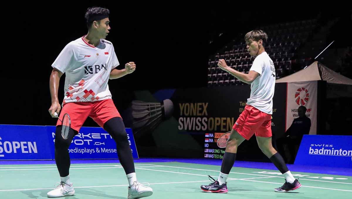 Pasanga ganda putra Indonesia Bagas Maulana/Muhammad Shohibul Fikri di Swiss Open 2023. (PBSI)