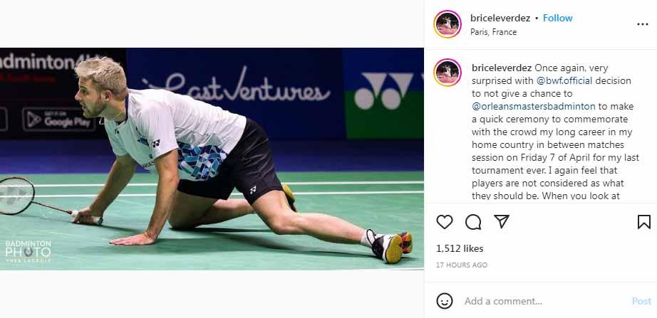 Gagal perayaan pensiun di Orleans Masters, Brice leverdez curhat kekecewaan untuk BWF. (Foto: Instagram@briceleverdez) Copyright: Instagram@briceleverdez