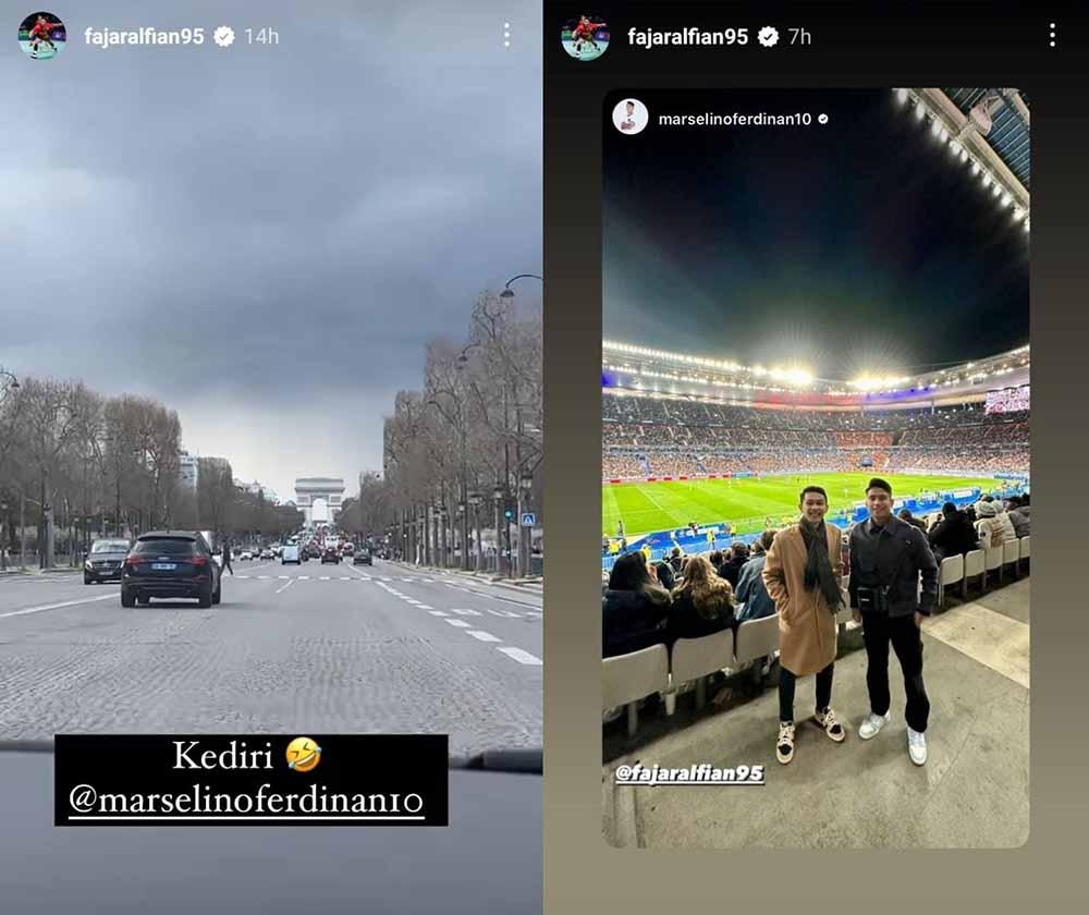 Fajar Alfian dan Marselino Ferdinan menyaksikan pertandingan Kualifikasi Euro 2024 antara Prancis vs Belanda di Stade de France. (Foto: Instastory@fajaralfian95) Copyright: Instastory@fajaralfian95