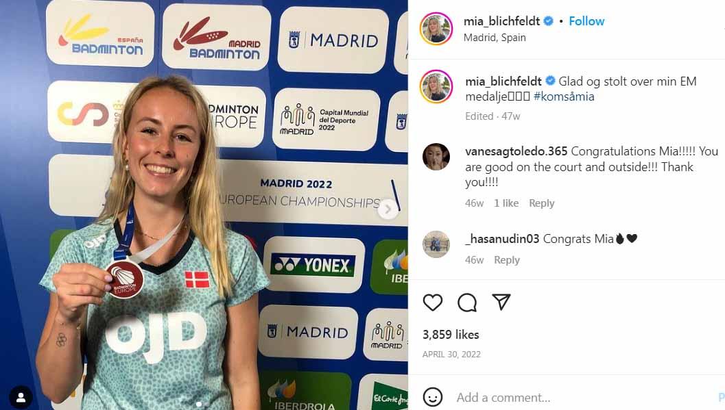 Mia Blichfeldt bakal menjadi tunggal putri non-unggulan yang bakal cetak sejarah usai berhasil tembus final Swiss Open 2023. (Foto: Instagram@mia_blichfeldt)
