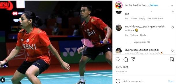 Julukan gemas dari badminton lovers untuk Jafar Hidayatullah/Aisyah Salsabila Pranata Putri Copyright: instagram @lambe.badminton