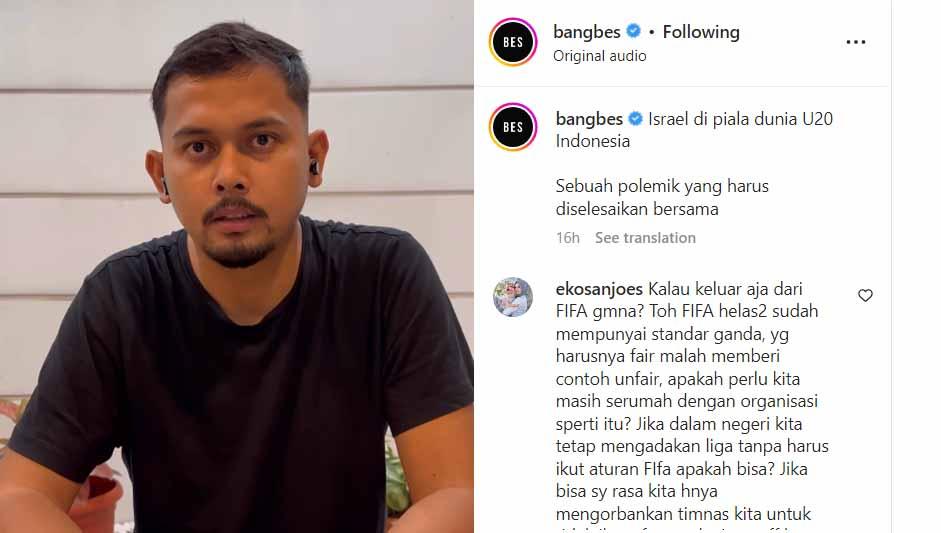 Eks asisen Luis Milla, Bayu Eka Sari, mengomentari isu penolakan Israel main di Piala Dunia U-20 2022 di Indonesia. (Foto: Instagram@bangbes) Copyright: Instagram@bangbes