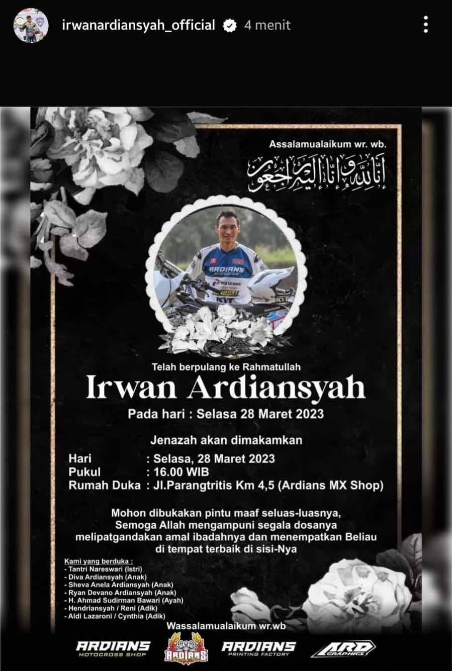 Legenda balap Indonesia, Irwan Ardiansyah meninggal dunia. (Foto: Instastory@irwanardiansyah_official) Copyright: Instastory@irwanardiansyah_official