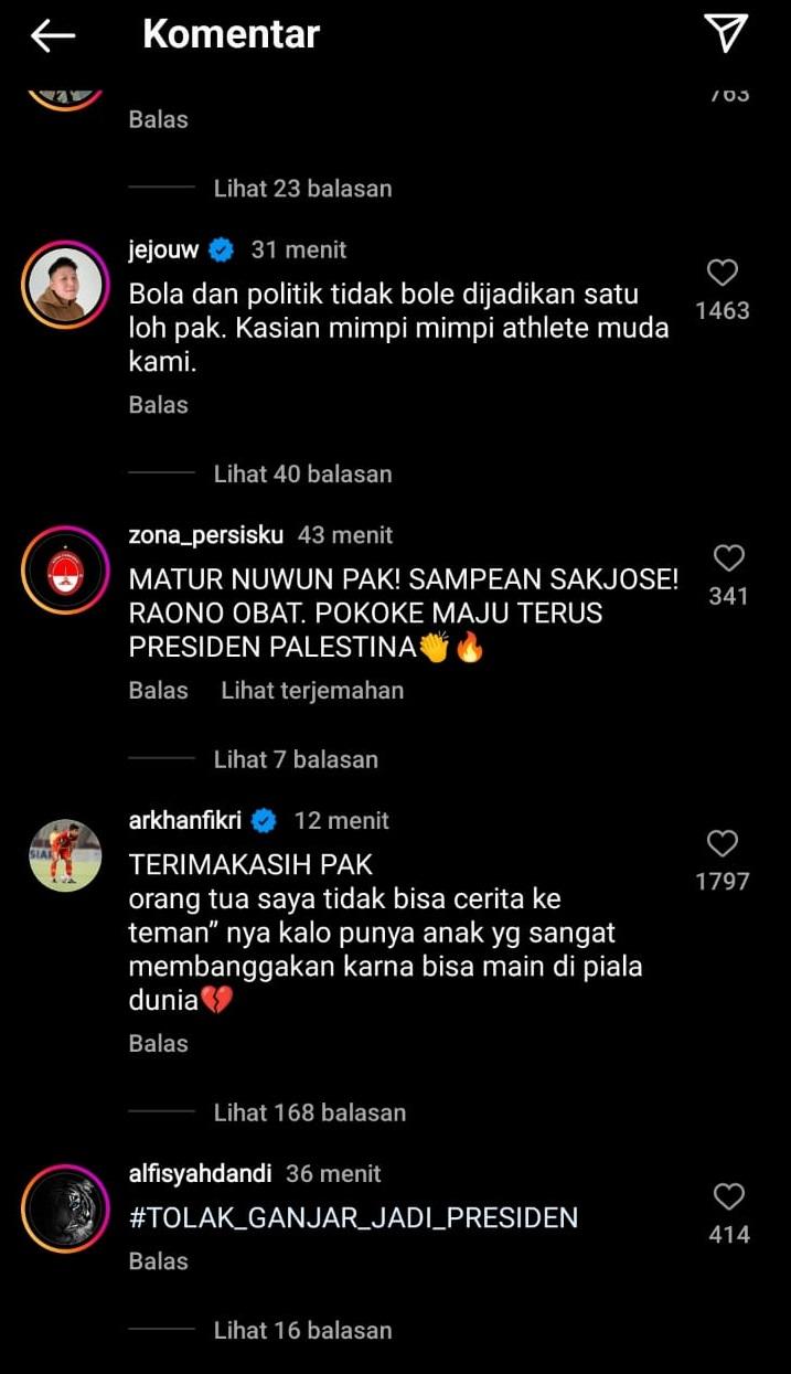 Komentar Arkhan Fikri di akun Instagram Ganjar Pranowo usai pembatalan Indonesia jadi tuan rumah Piala Dunia U-20. Copyright: Instagram.com/arkhanfikri
