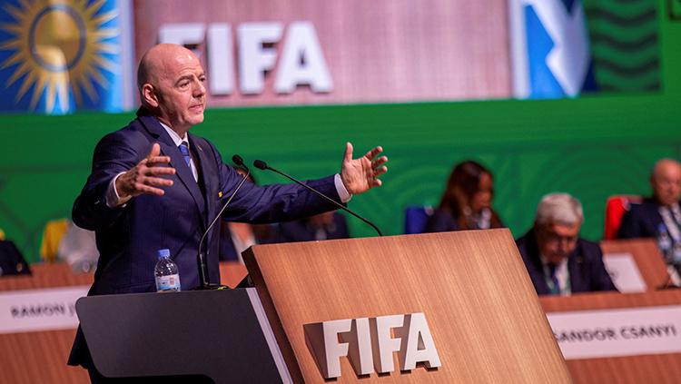 Presiden FIFA, Gianni Infantino saat memberikan sambutan di kongres tahunan FIFA.