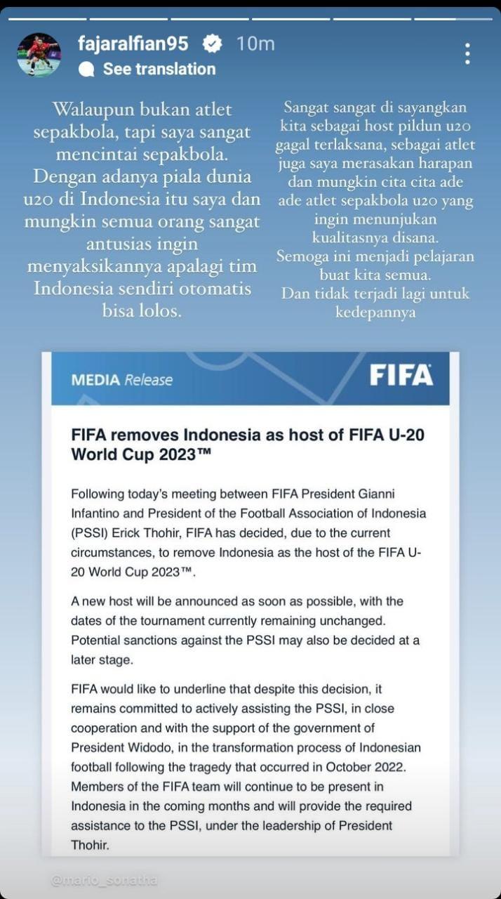 Curhatan Fajar Alfian usai Indonesia batal jadi tuan rumah Piala Dunia U-20 Copyright: instagram story @fajaralfian95