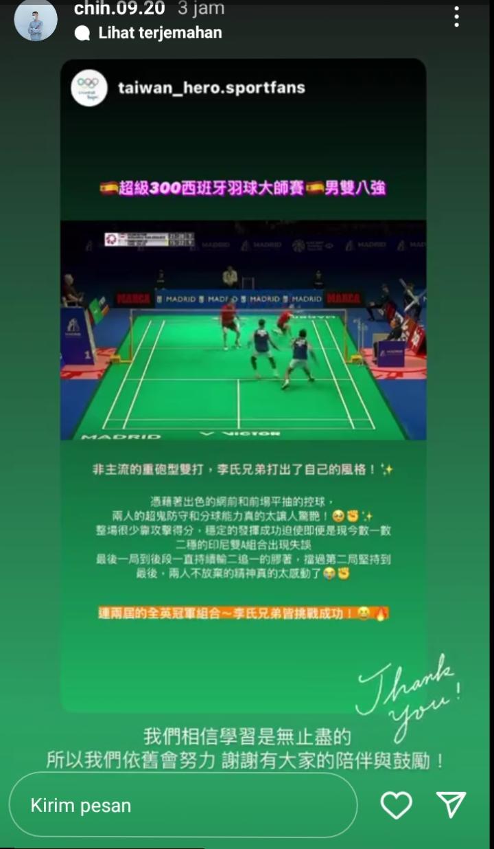 Ganda putra Chinese Taipei, Lee Fang-Chih, tulis pesan menohok usai kalahkan Fajar/Rian di perempat final Spain Masters 2023. Copyright: Instagram Story @chih.09.20
