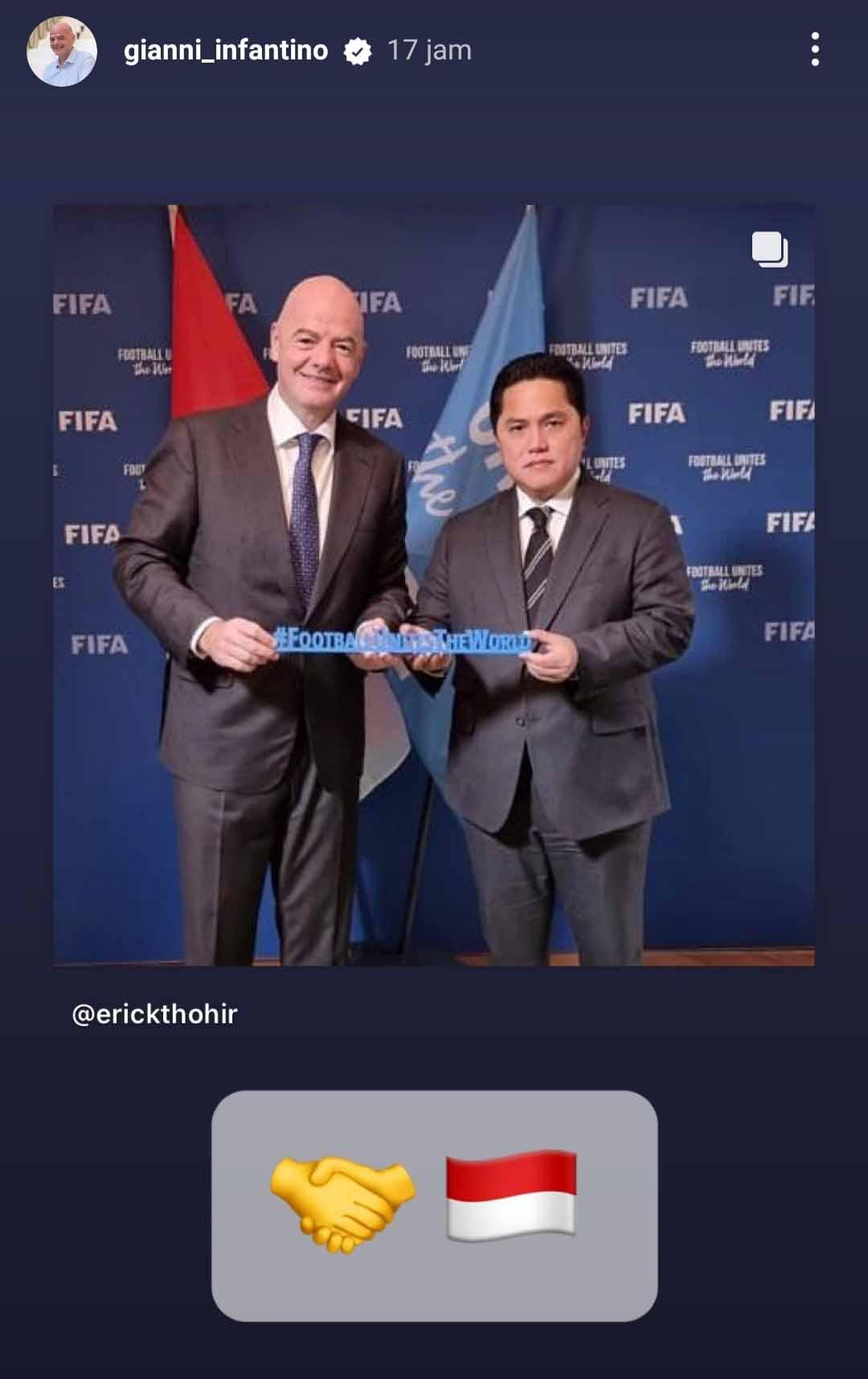 Respon dingin Presiden FIFA, Gianni Infantino, terhadap rasa syukur PSSI. (Foto: Instastory@gianni_infantino) Copyright: Instastory@gianni_infantino